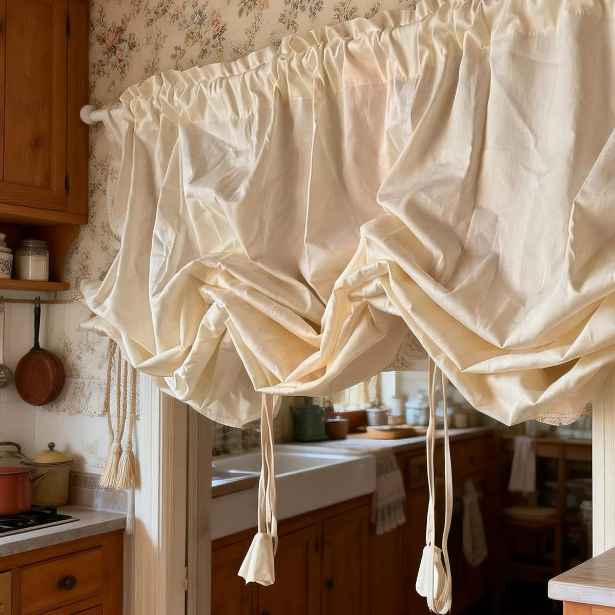 Farmhouse Country Pull-Up Curtain, Adjustable Tie-Up Curtain, Custom Kitchen Half Curtain, Bedroom and Living Room Sheer Cotton Curtains