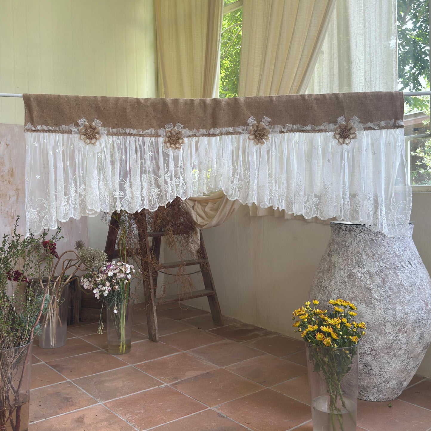 Shabby White Lace Curtain, Rustic Cottage Burlap Embroidered Tulle Window Valance, Farmhouse Kitchen Valance, Cafe Curtai, H-22inch (55cm)
