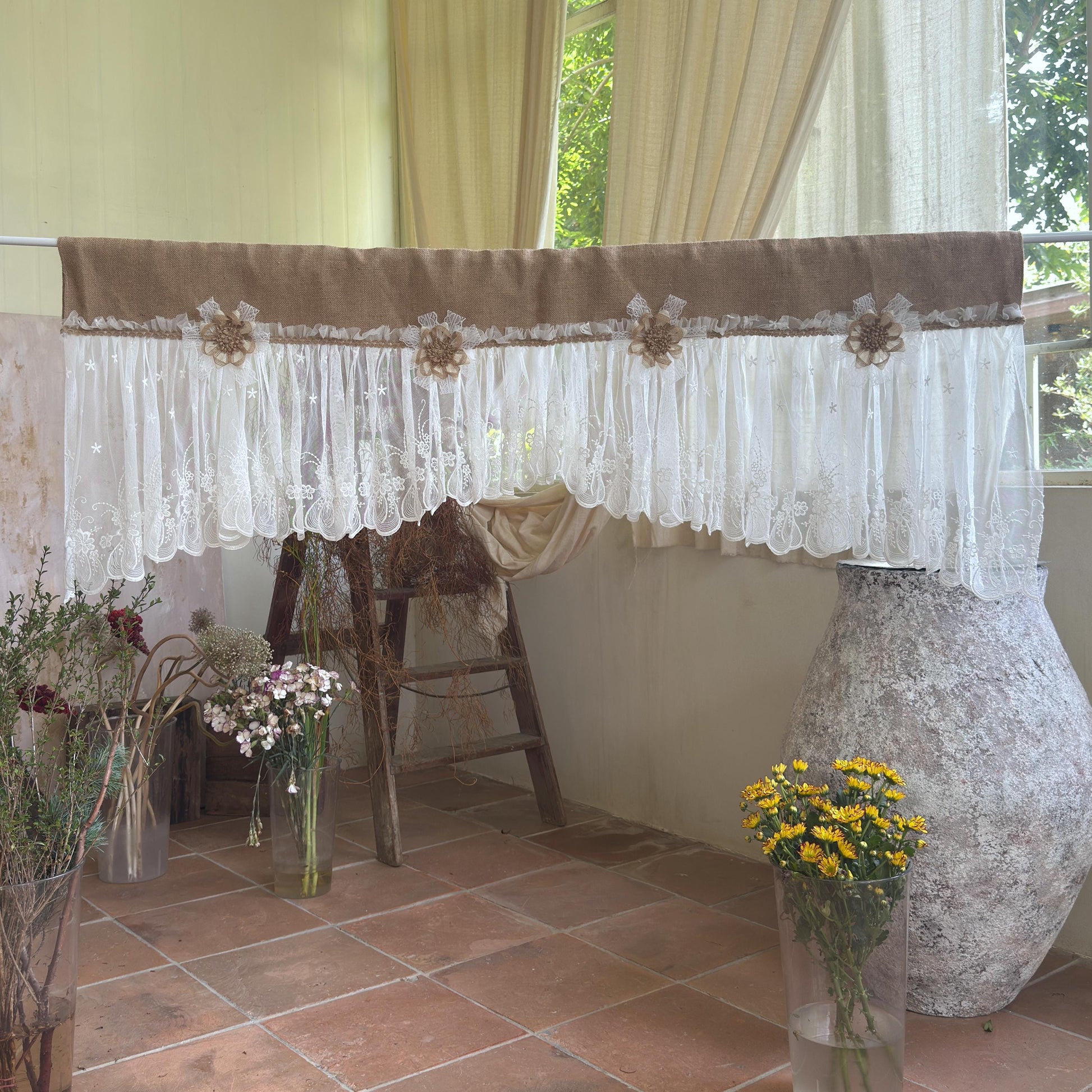 Shabby White Lace Curtain, Rustic Cottage Burlap Embroidered Tulle Window Valance, Farmhouse Kitchen Valance, Cafe Curtai, H-22inch (55cm)