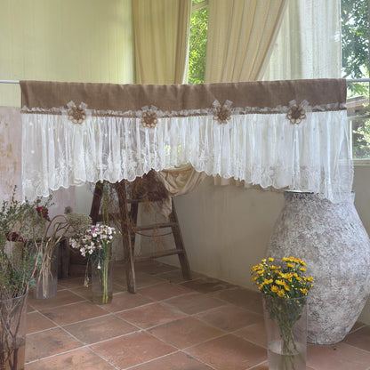 Shabby White Lace Curtain, Rustic Cottage Burlap Embroidered Tulle Window Valance, Farmhouse Kitchen Valance, Cafe Curtai, H-22inch (55cm)
