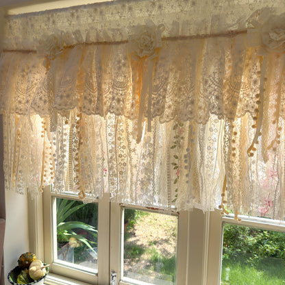 Handmade Custom Beige Pink Embroidered Flowers Lace Valance, Farmhouse Country Kitchen Curtains, Shabby Chic Cafe Curtains, H-25inch (63cm)