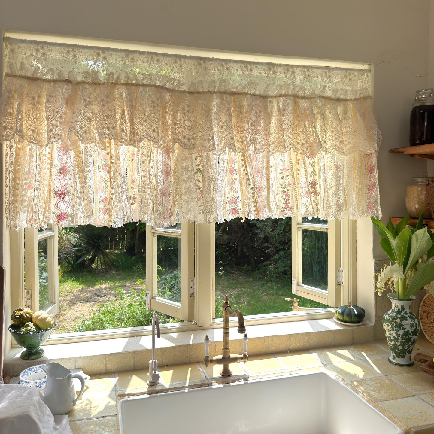 Handmade Custom Beige Pink Embroidered Flowers Lace Valance, Farmhouse Country Kitchen Curtains, Shabby Chic Cafe Curtains, H-25inch (63cm)