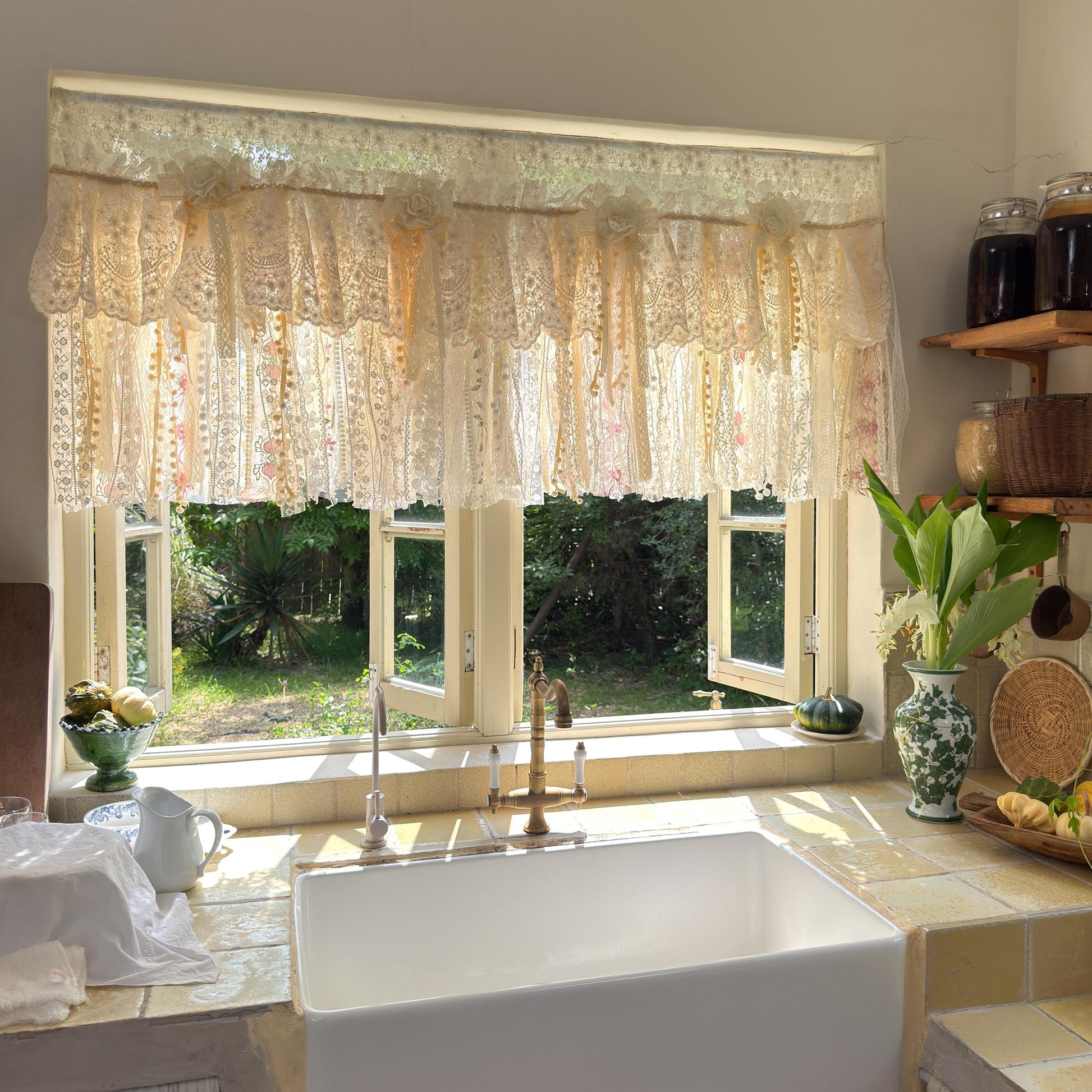 Handmade Custom Beige Pink Embroidered Flowers Lace Valance, Farmhouse Country Kitchen Curtains, Shabby Chic Cafe Curtains, H-25inch (63cm)