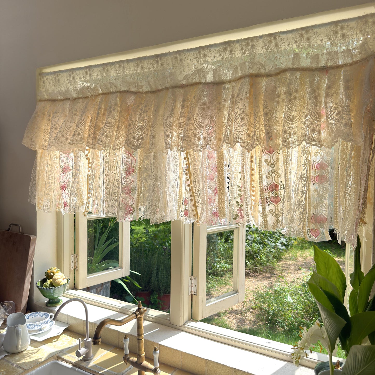 Handmade Custom Beige Pink Embroidered Flowers Lace Valance, Farmhouse Country Kitchen Curtains, Shabby Chic Cafe Curtains, H-25inch (63cm)