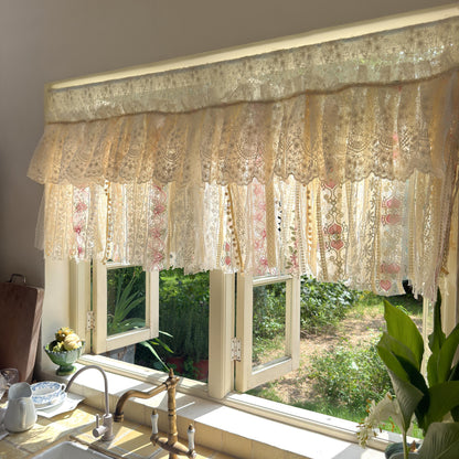 Handmade Custom Beige Pink Embroidered Flowers Lace Valance, Farmhouse Country Kitchen Curtains, Shabby Chic Cafe Curtains, H-25inch (63cm)