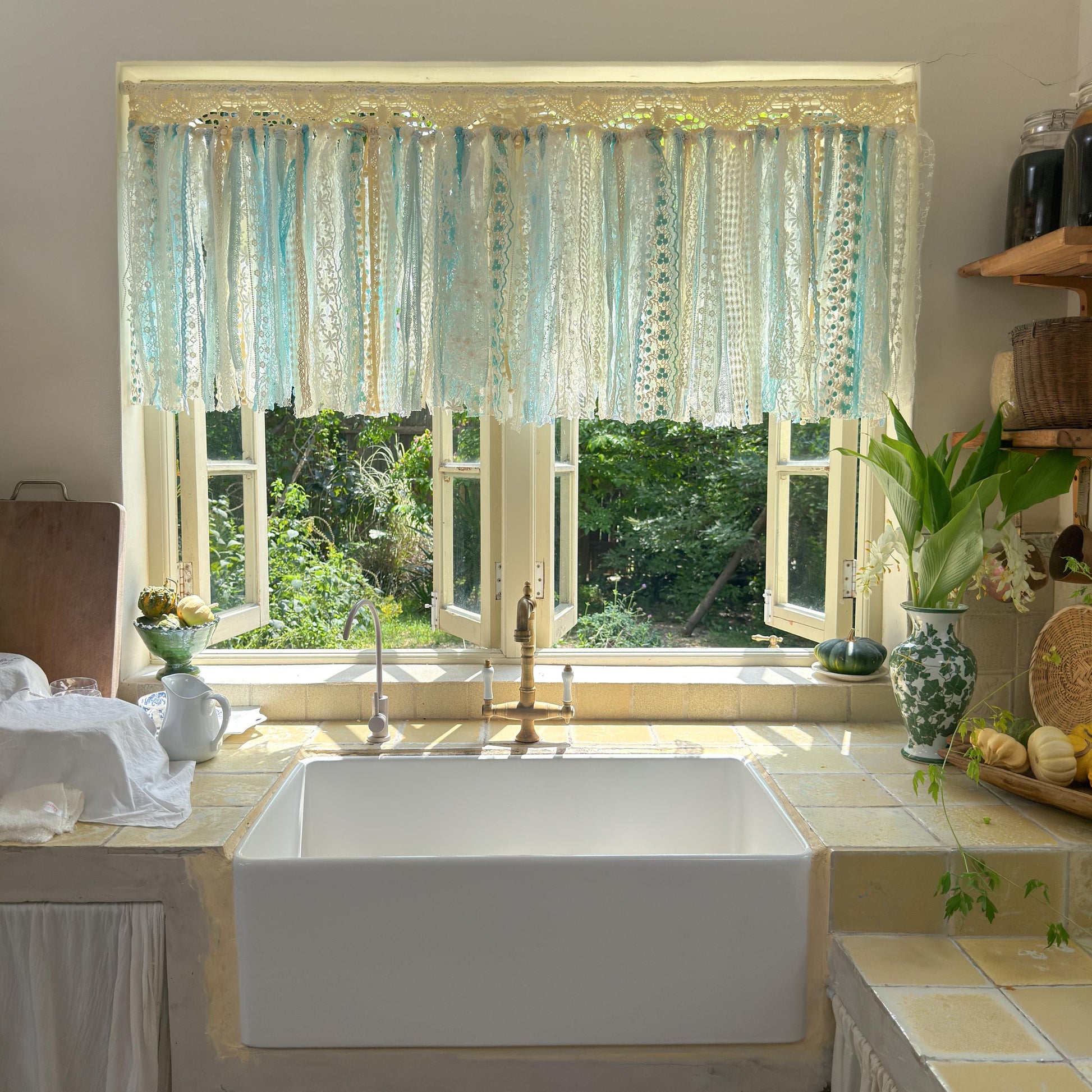 Gradient Sage Blue Green Shabby Chic Window Valance, Crochet Lace Cafe Curtain, Cottagecore Farmhouse Kitchen Half Curtains, H-22inch (56cm)