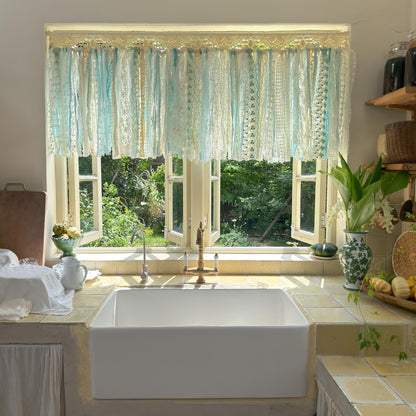 Gradient Sage Blue Green Shabby Chic Window Valance, Crochet Lace Cafe Curtain, Cottagecore Farmhouse Kitchen Half Curtains, H-22inch (56cm)