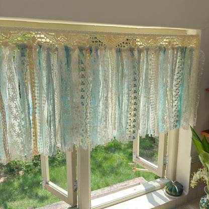 Gradient Sage Blue Green Shabby Chic Window Valance, Crochet Lace Cafe Curtain, Cottagecore Farmhouse Kitchen Half Curtains, H-22inch (56cm)