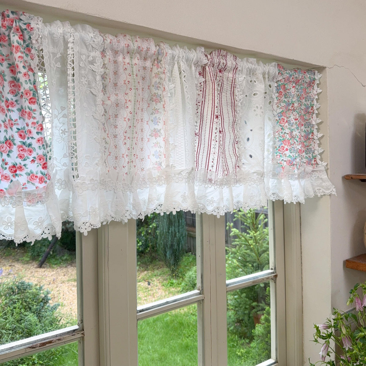 Pastel Floral Patchwork Ruffled Lace Valance, Victorian Cottage Cafe Curtain with Floral Embroidery and Lace Trim, Shabby Chic Lace Curtains