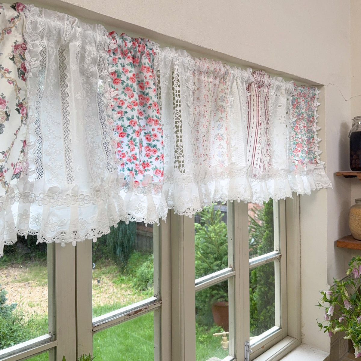 Pastel Floral Patchwork Ruffled Lace Valance, Victorian Cottage Cafe Curtain with Floral Embroidery and Lace Trim, Shabby Chic Lace Curtains