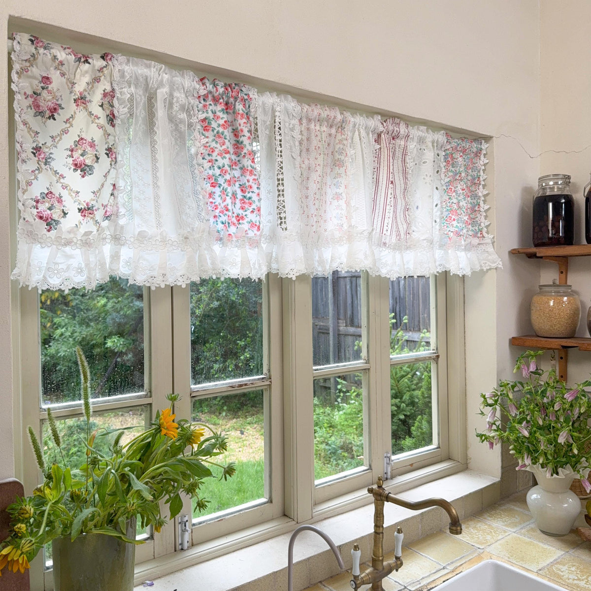 Pastel Floral Patchwork Ruffled Lace Valance, Victorian Cottage Cafe Curtain with Floral Embroidery and Lace Trim, Shabby Chic Lace Curtains