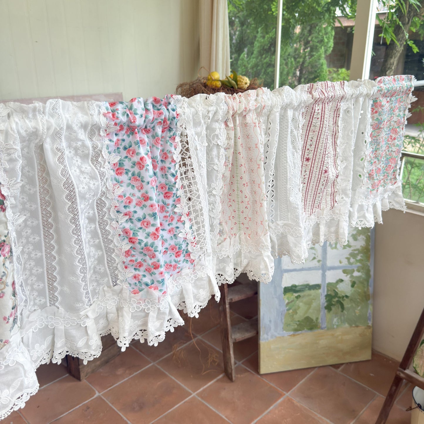 Pastel Floral Patchwork Ruffled Lace Valance, Victorian Cottage Cafe Curtain with Floral Embroidery and Lace Trim, Shabby Chic Lace Curtains
