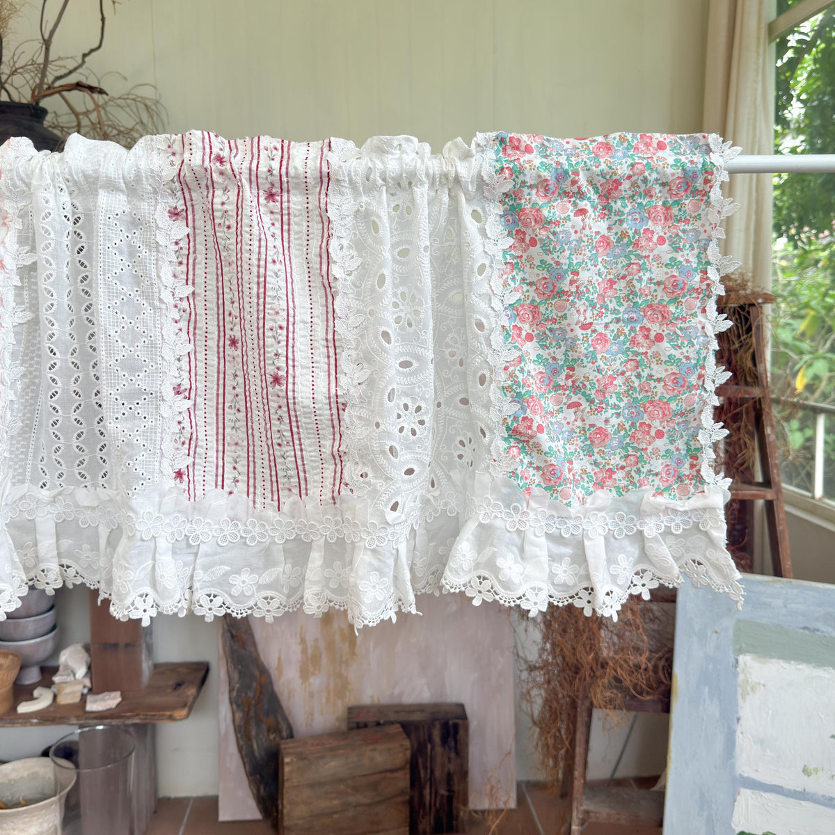 Pastel Floral Patchwork Ruffled Lace Valance, Victorian Cottage Cafe Curtain with Floral Embroidery and Lace Trim, Shabby Chic Lace Curtains