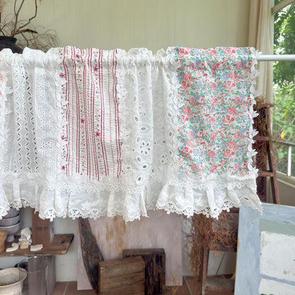 Pastel Floral Patchwork Ruffled Lace Valance, Victorian Cottage Cafe Curtain with Floral Embroidery and Lace Trim, Shabby Chic Lace Curtains