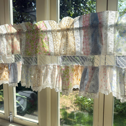 Vintage Floral Patchwork Ruffled Lace Valance,Victorian Cottage Cafe Curtain with Floral Embroidery and Lace Trim, Shabby Chic Lace Curtains