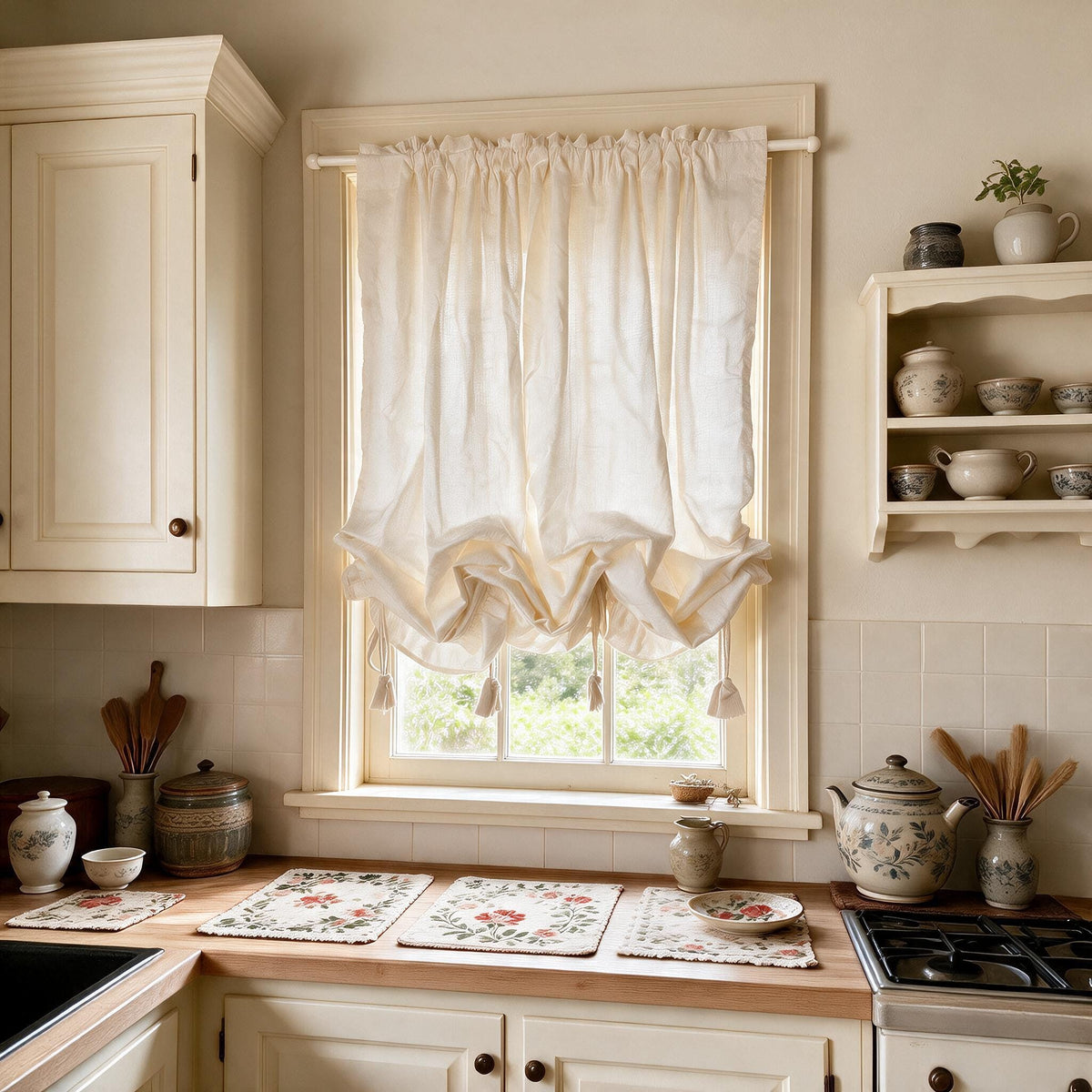 Farmhouse Country Pull-Up Curtain, Adjustable Tie-Up Curtain, Custom Kitchen Half Curtain, Bedroom and Living Room Sheer Cotton Curtains