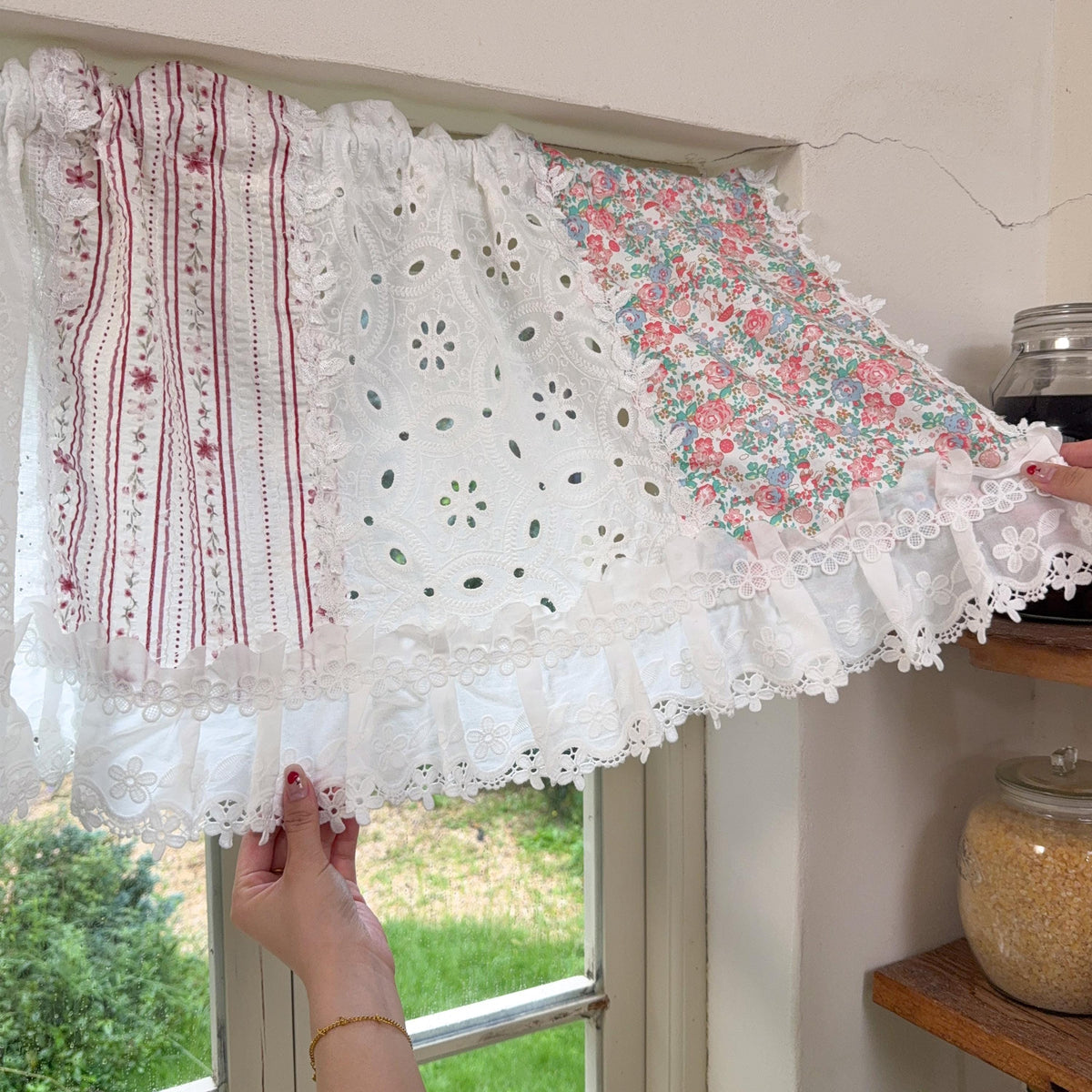 Pastel Floral Patchwork Ruffled Lace Valance, Victorian Cottage Cafe Curtain with Floral Embroidery and Lace Trim, Shabby Chic Lace Curtains