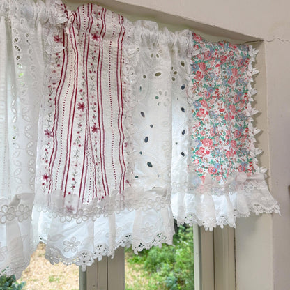 Pastel Floral Patchwork Ruffled Lace Valance, Victorian Cottage Cafe Curtain with Floral Embroidery and Lace Trim, Shabby Chic Lace Curtains