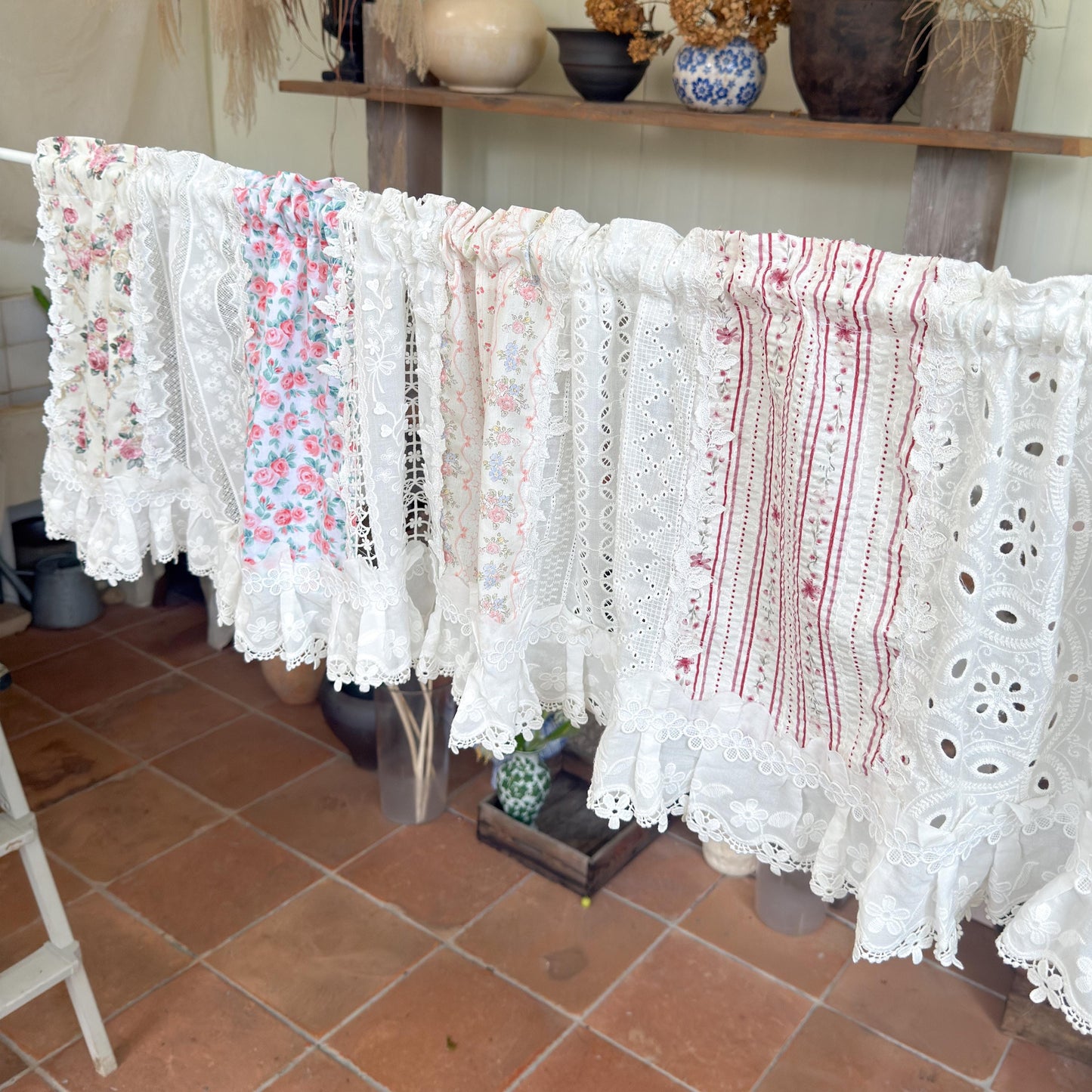 Pastel Floral Patchwork Ruffled Lace Valance, Victorian Cottage Cafe Curtain with Floral Embroidery and Lace Trim, Shabby Chic Lace Curtains
