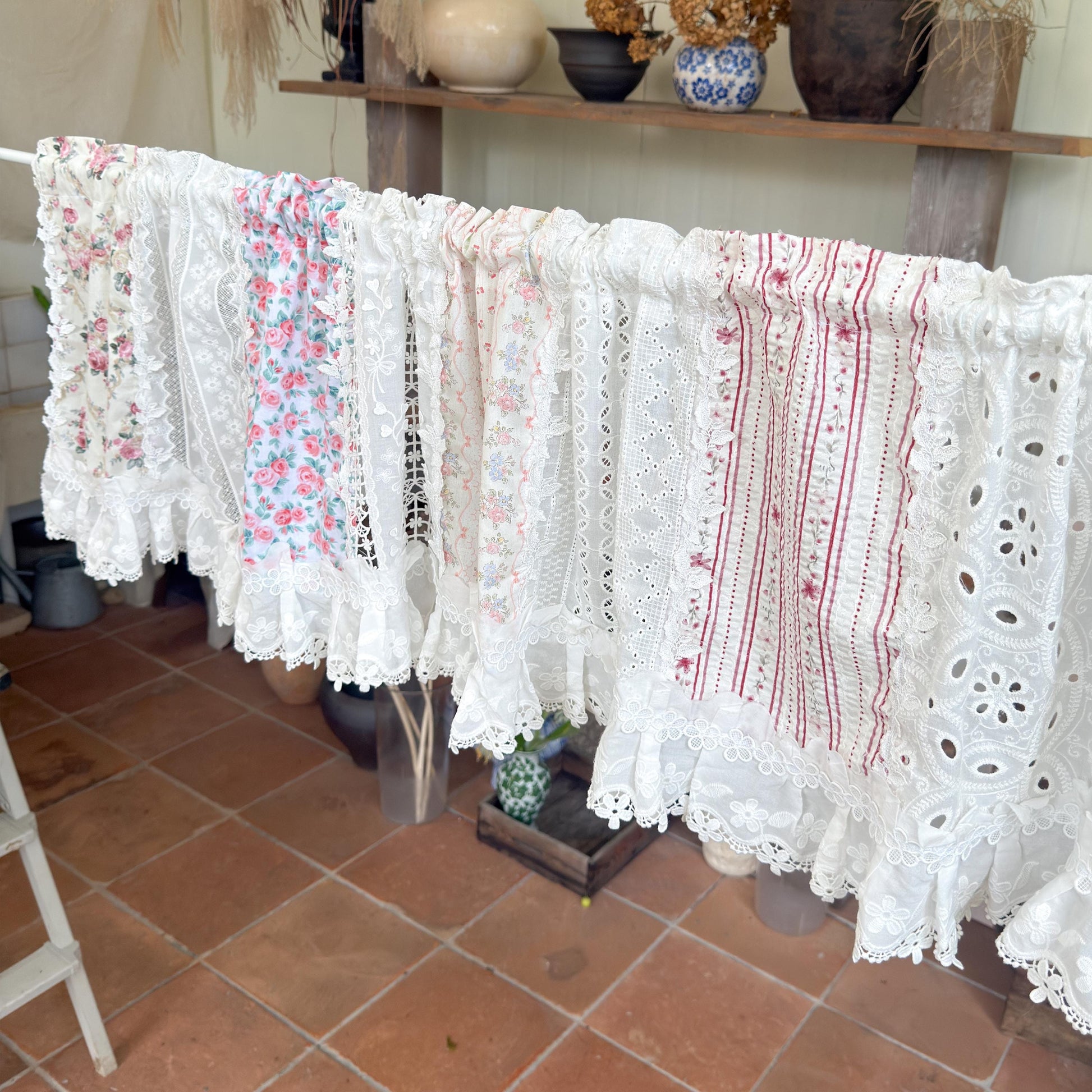 Pastel Floral Patchwork Ruffled Lace Valance, Victorian Cottage Cafe Curtain with Floral Embroidery and Lace Trim, Shabby Chic Lace Curtains