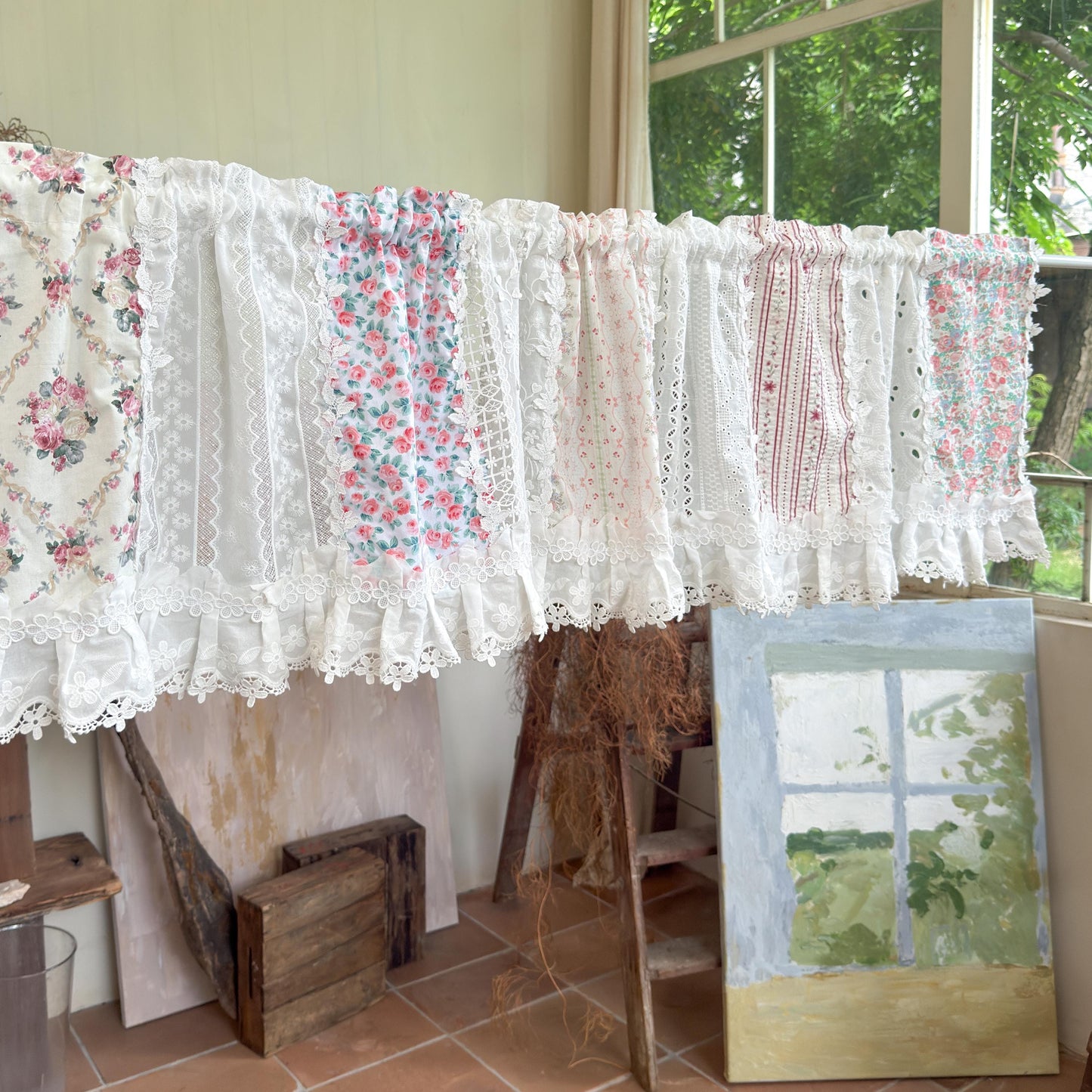 Pastel Floral Patchwork Ruffled Lace Valance, Victorian Cottage Cafe Curtain with Floral Embroidery and Lace Trim, Shabby Chic Lace Curtains