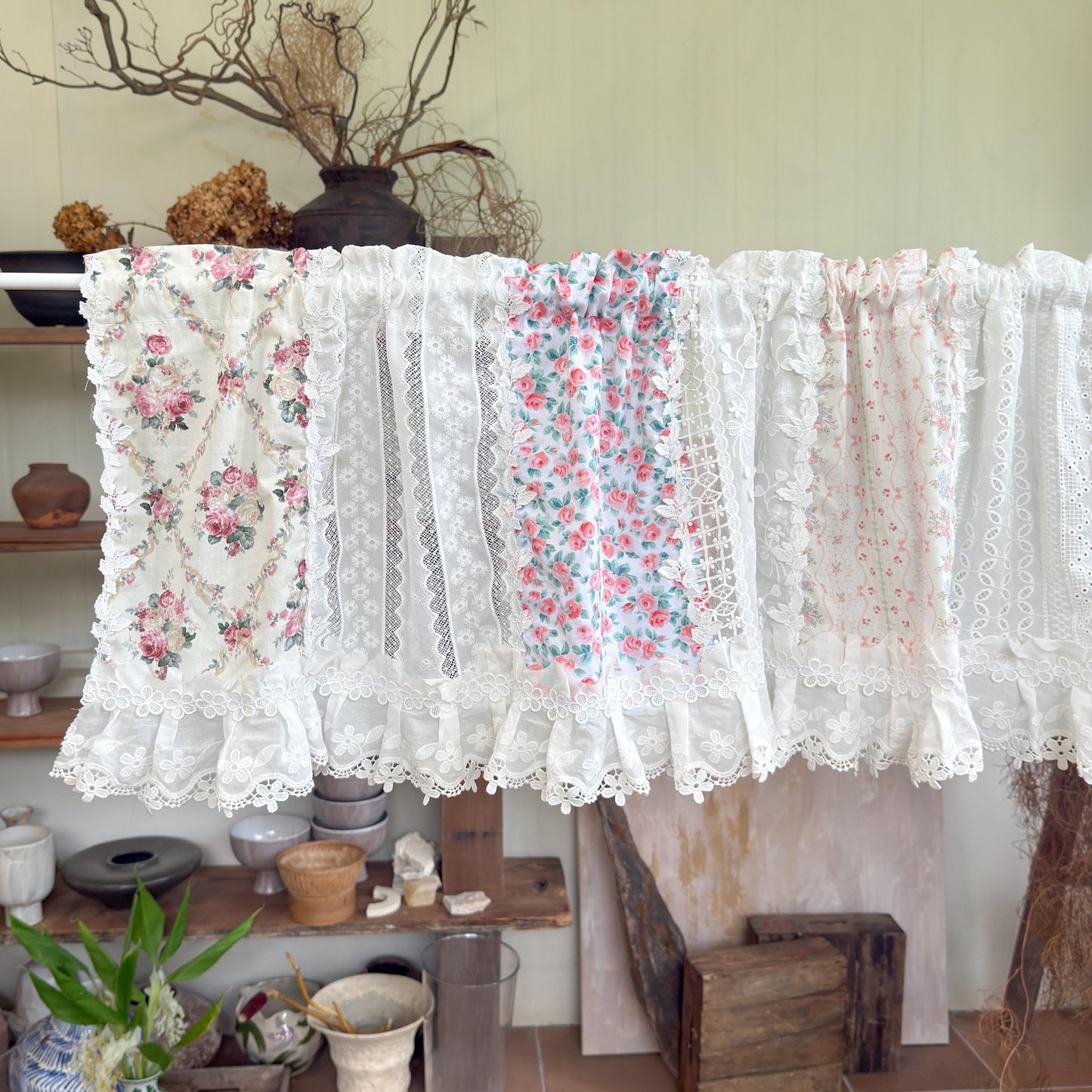Pastel Floral Patchwork Ruffled Lace Valance, Victorian Cottage Cafe Curtain with Floral Embroidery and Lace Trim, Shabby Chic Lace Curtains