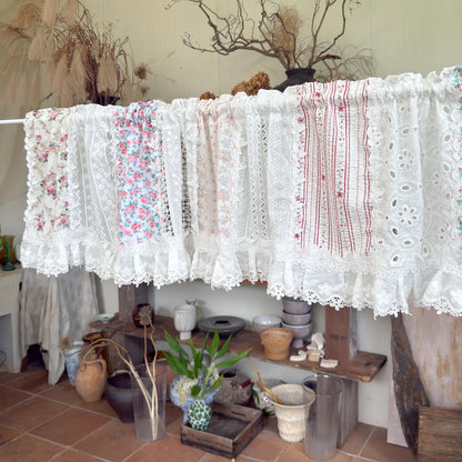 Pastel Floral Patchwork Ruffled Lace Valance, Victorian Cottage Cafe Curtain with Floral Embroidery and Lace Trim, Shabby Chic Lace Curtains