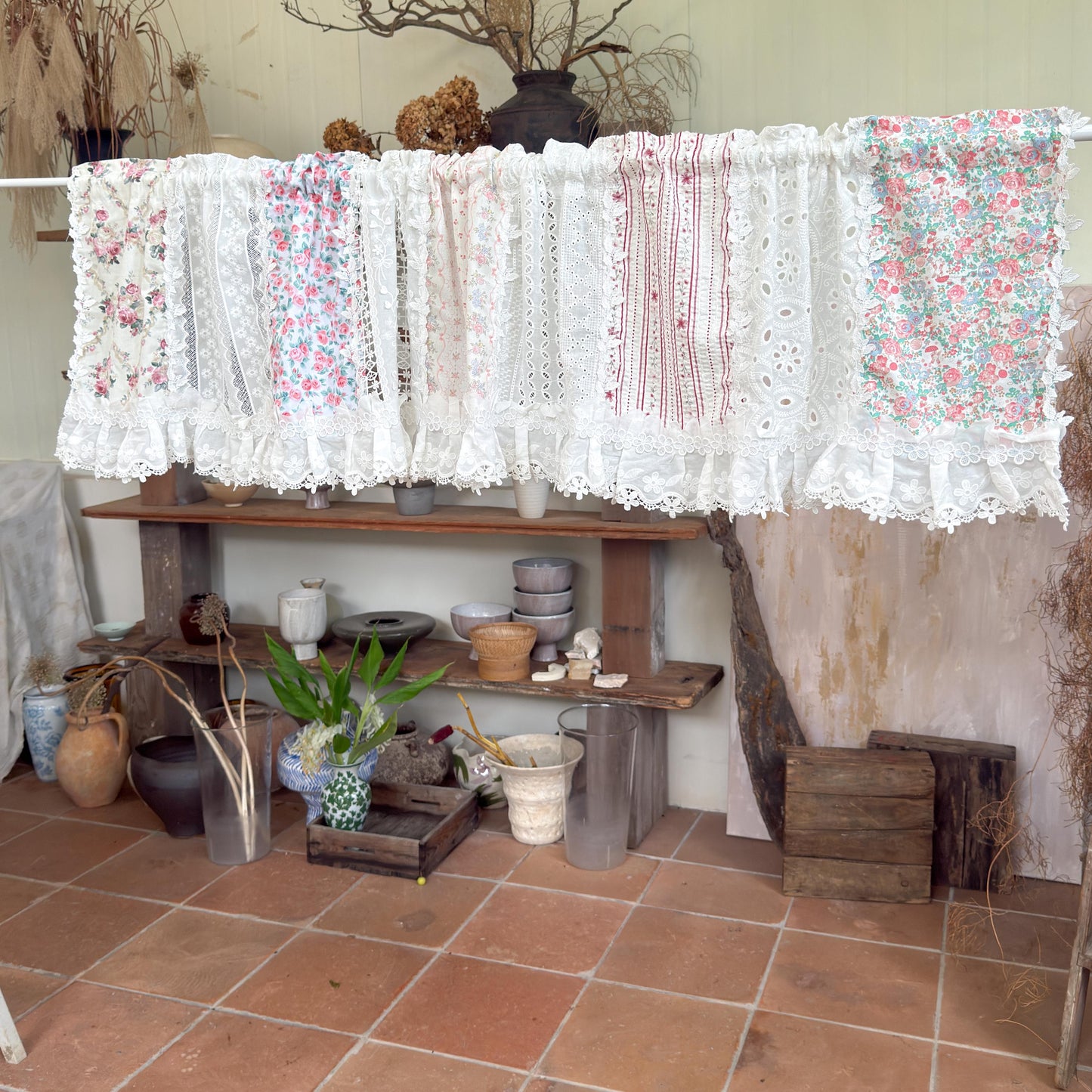 Pastel Floral Patchwork Ruffled Lace Valance, Victorian Cottage Cafe Curtain with Floral Embroidery and Lace Trim, Shabby Chic Lace Curtains