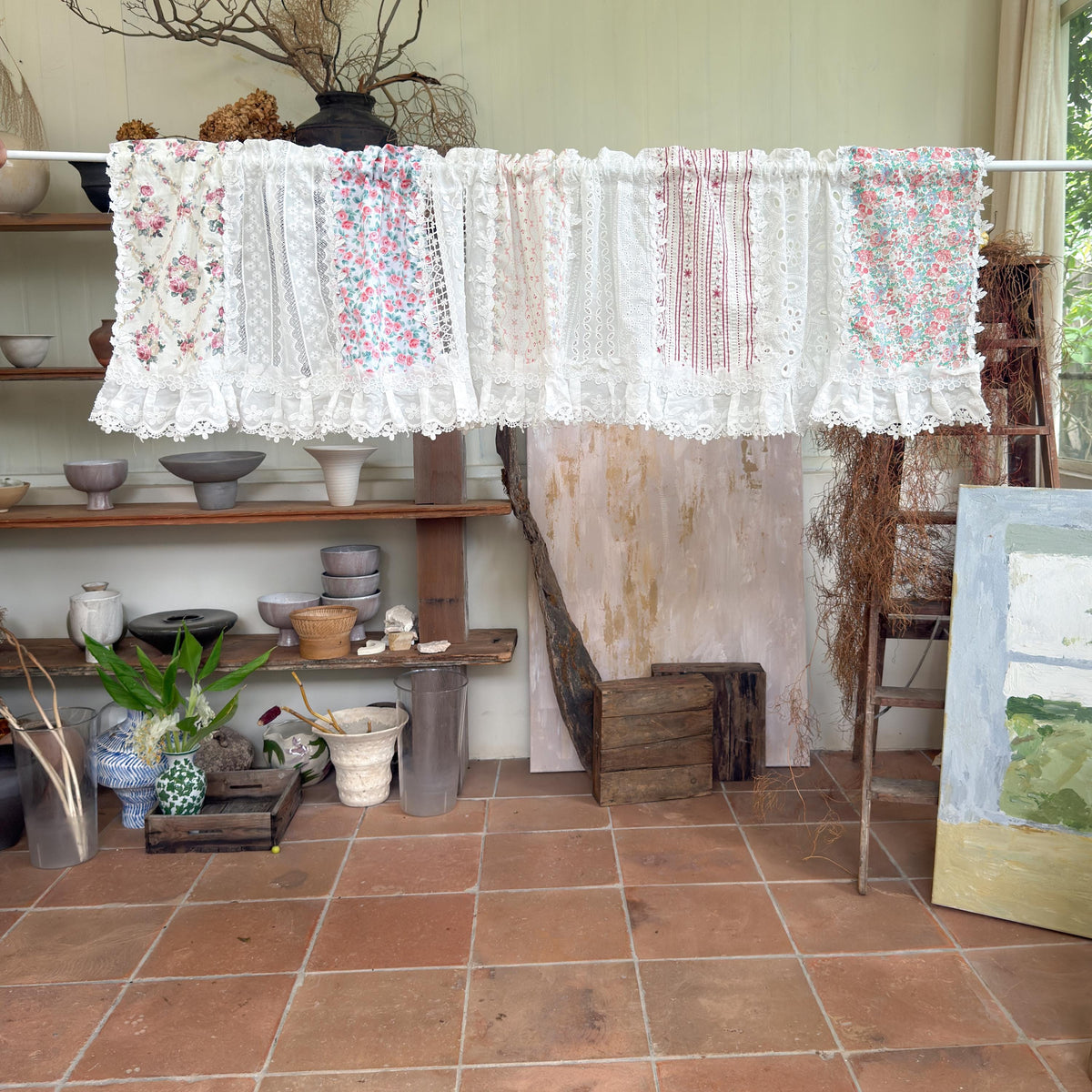 Pastel Floral Patchwork Ruffled Lace Valance, Victorian Cottage Cafe Curtain with Floral Embroidery and Lace Trim, Shabby Chic Lace Curtains