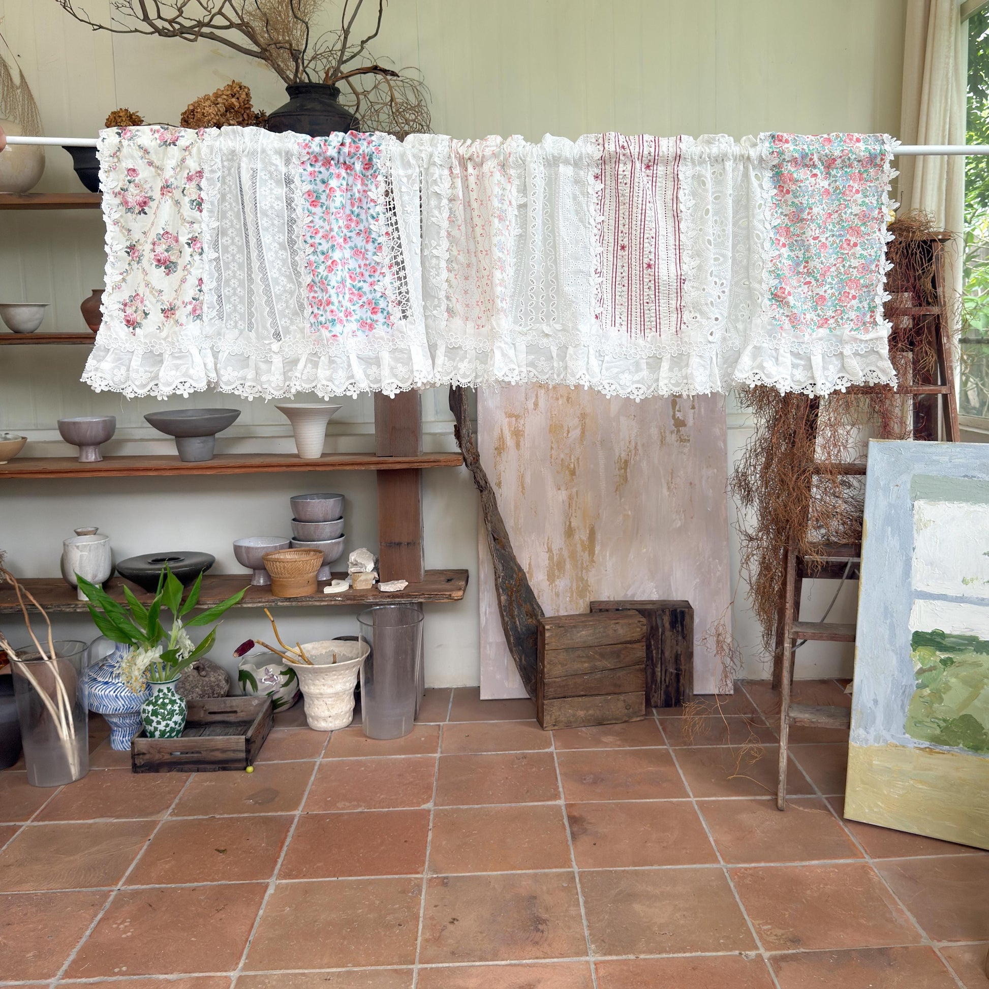 Pastel Floral Patchwork Ruffled Lace Valance, Victorian Cottage Cafe Curtain with Floral Embroidery and Lace Trim, Shabby Chic Lace Curtains
