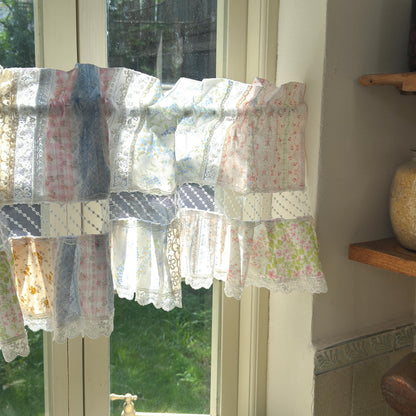 Vintage Floral Patchwork Ruffled Lace Valance,Victorian Cottage Cafe Curtain with Floral Embroidery and Lace Trim, Shabby Chic Lace Curtains