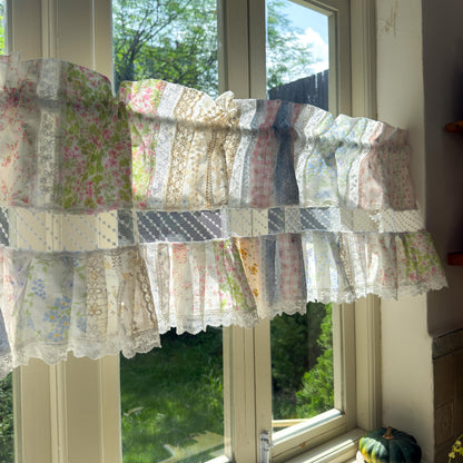 Vintage Floral Patchwork Ruffled Lace Valance,Victorian Cottage Cafe Curtain with Floral Embroidery and Lace Trim, Shabby Chic Lace Curtains