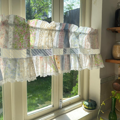 Vintage Floral Patchwork Ruffled Lace Valance,Victorian Cottage Cafe Curtain with Floral Embroidery and Lace Trim, Shabby Chic Lace Curtains