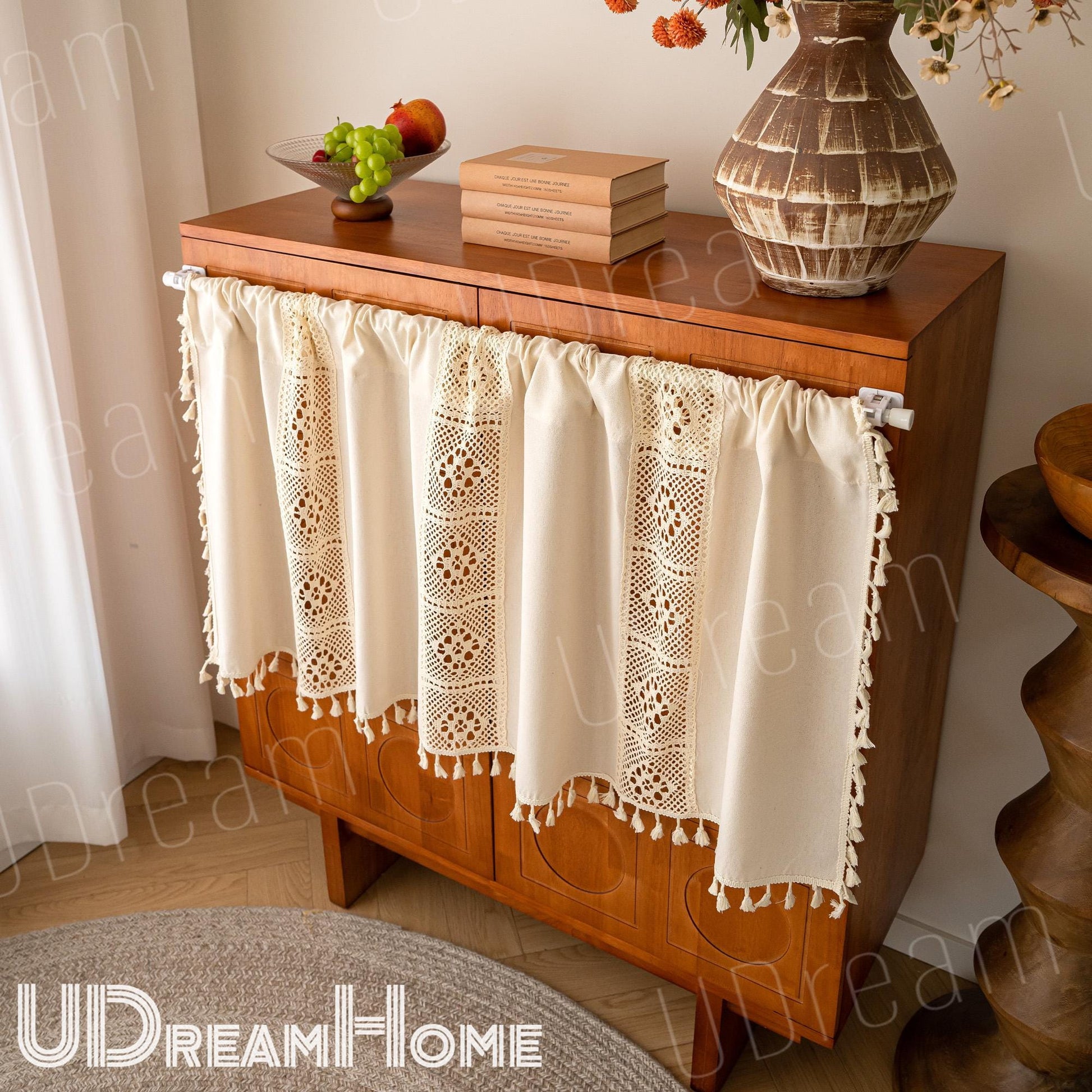 Linen Cafe Curtain: Crochet Lace, Boho Farmhouse Style - UDreamHome