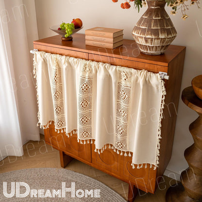 Linen Cafe Curtain: Crochet Lace, Boho Farmhouse Style - UDreamHome