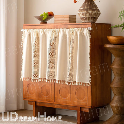 Linen Cafe Curtain: Crochet Lace, Boho Farmhouse Style - UDreamHome