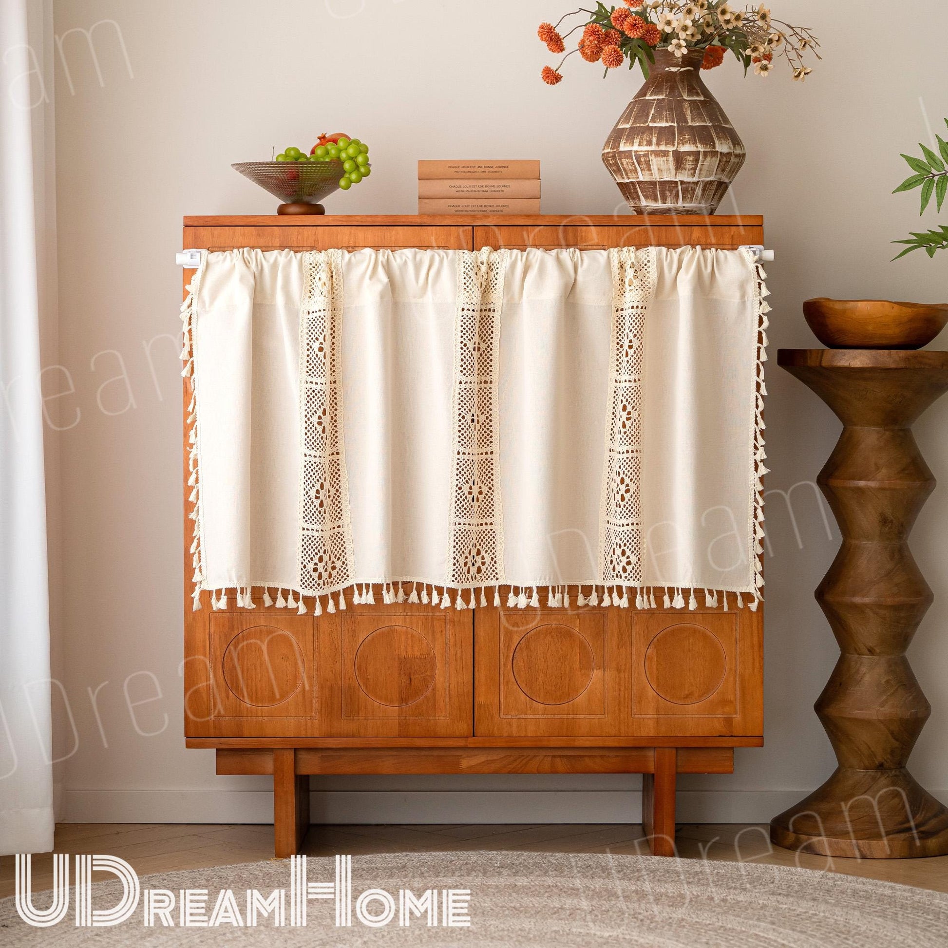 Linen Cafe Curtain: Crochet Lace, Boho Farmhouse Style - UDreamHome