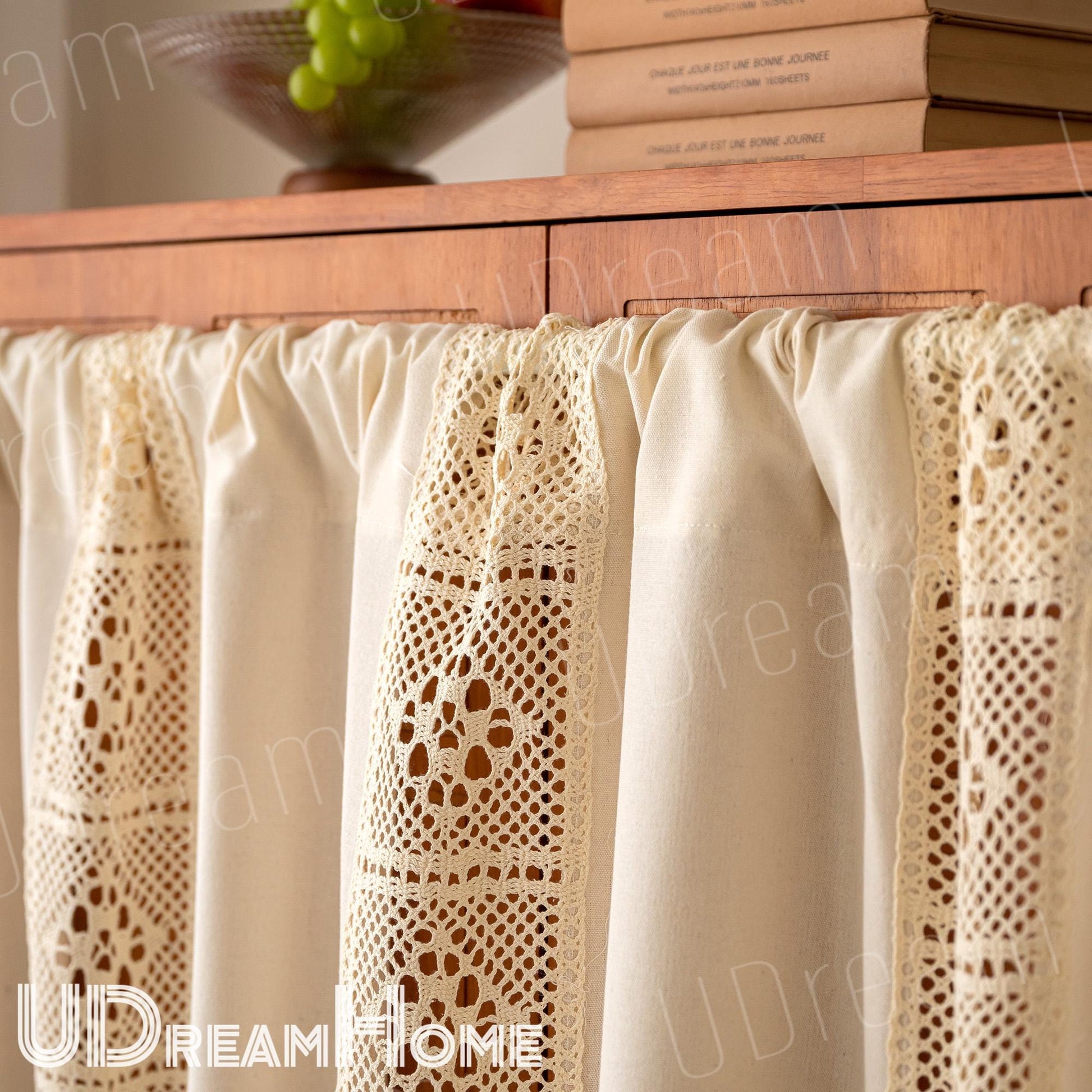 Linen Cafe Curtain: Crochet Lace, Boho Farmhouse Style - UDreamHome
