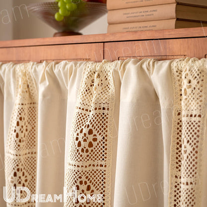 Linen Cafe Curtain: Crochet Lace, Boho Farmhouse Style - UDreamHome