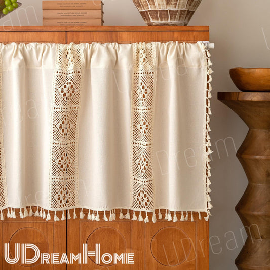 Linen Cafe Curtain: Crochet Lace, Boho Farmhouse Style - UDreamHome