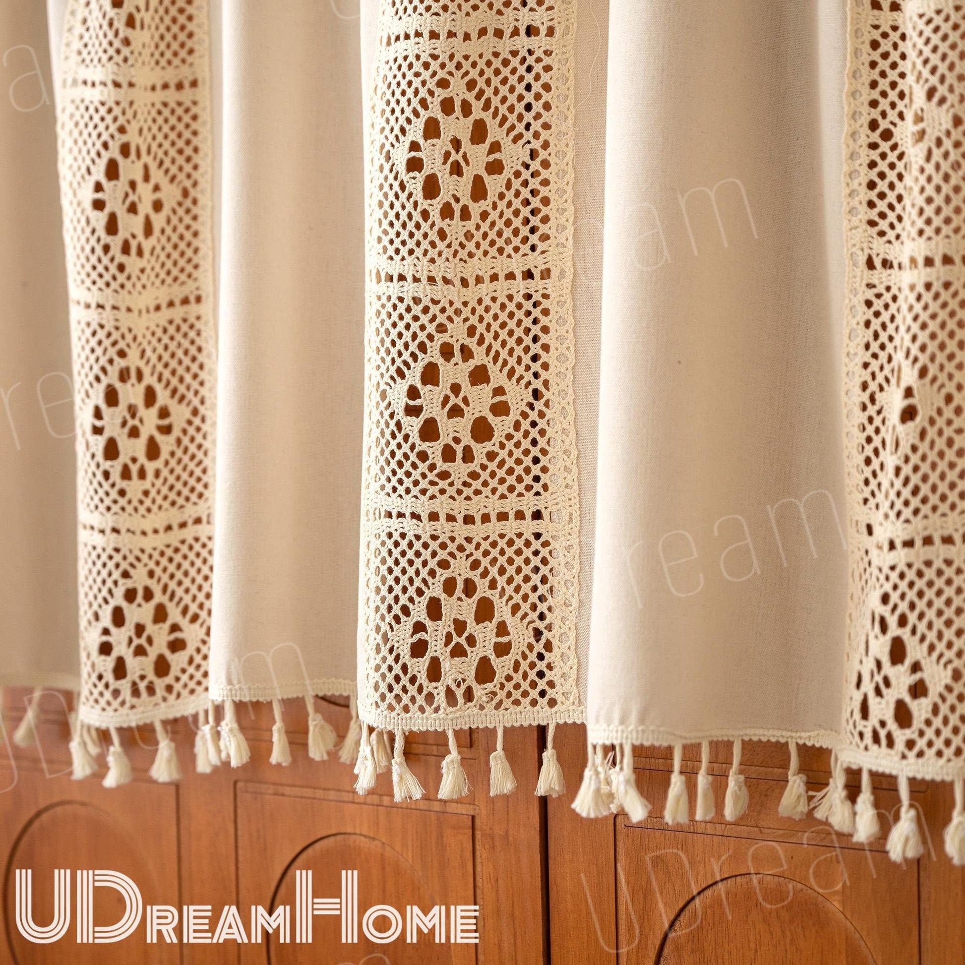 Linen Cafe Curtain: Crochet Lace, Boho Farmhouse Style - UDreamHome