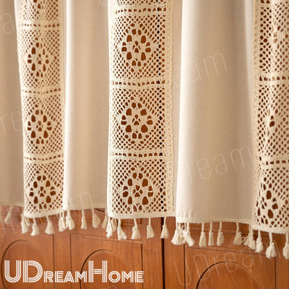 Linen Cafe Curtain: Crochet Lace, Boho Farmhouse Style - UDreamHome