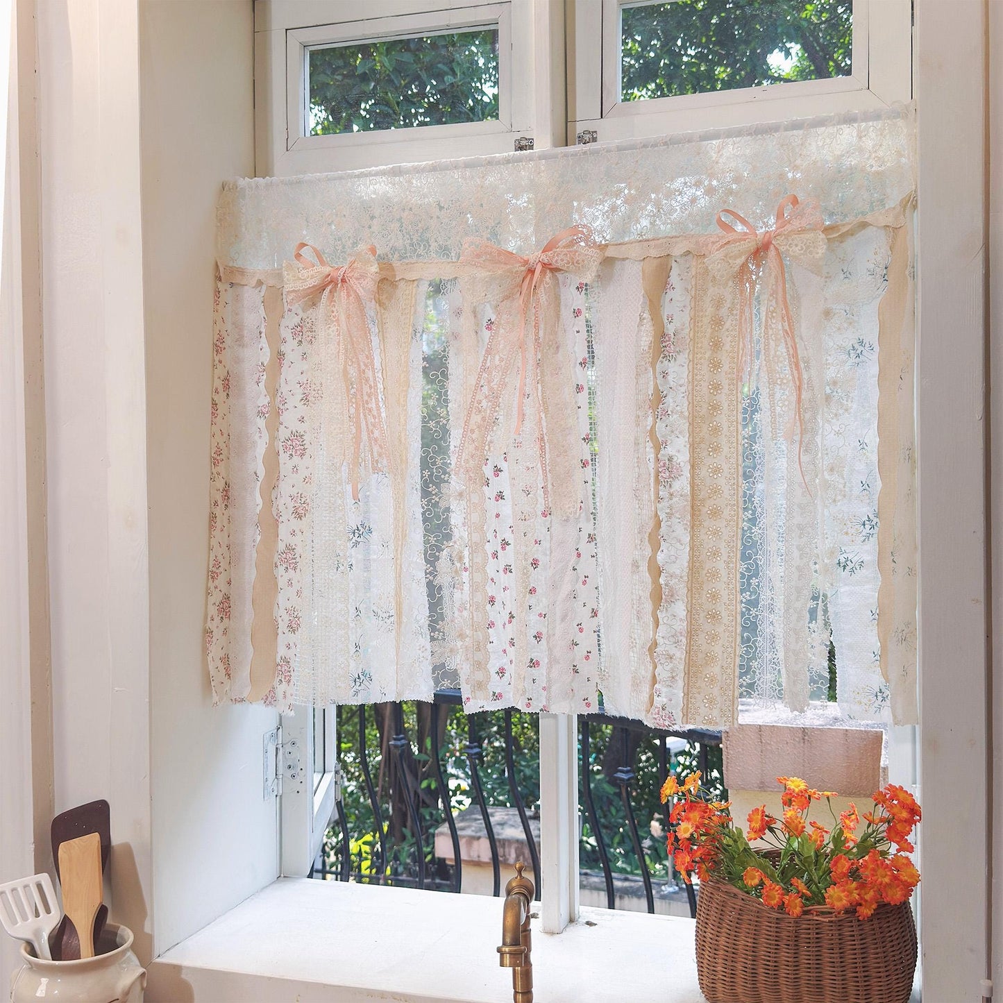 Mediterranean Pink Rosette Lace Curtain - UDreamHome