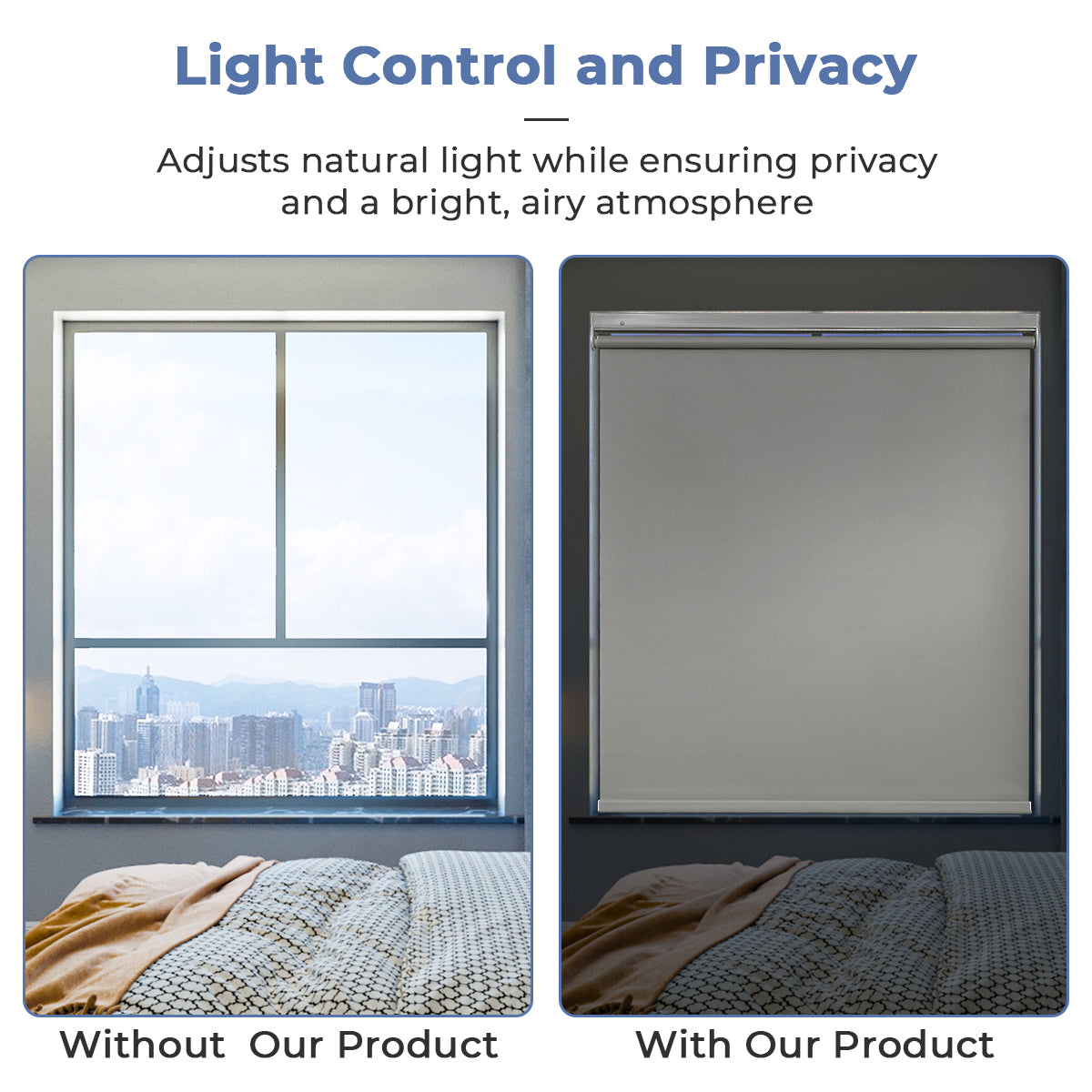 Custom No Drill Cordless Blackout Roller Shades – Waterproof & Thermal Insulated