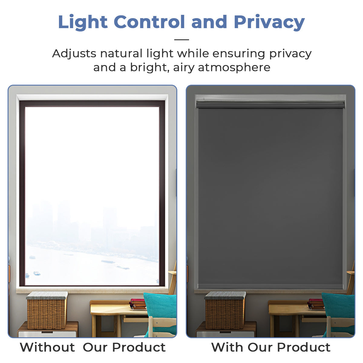 Custom No Drill Cordless Blackout Roller Shades – Waterproof & Thermal Insulated