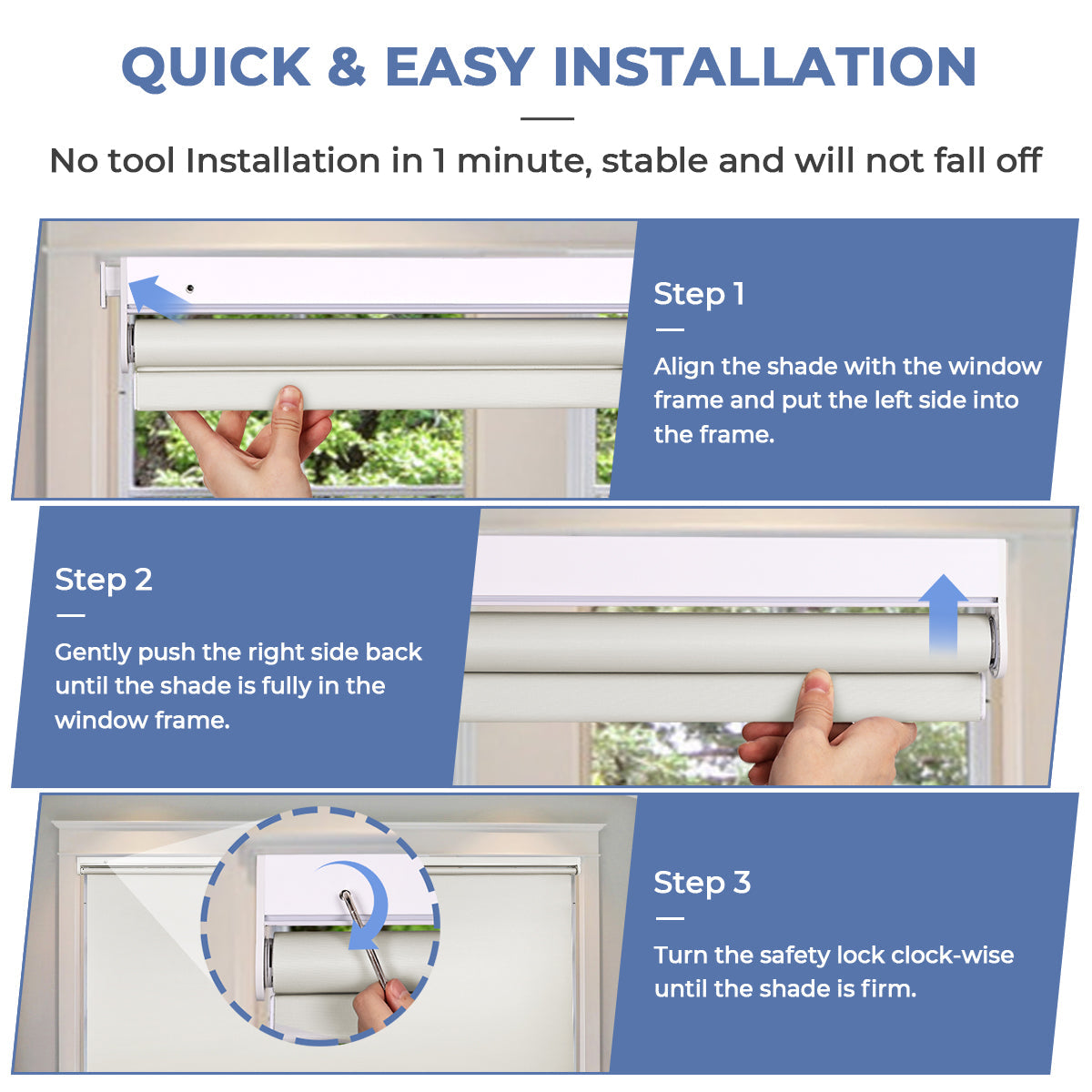 Custom No Drill Cordless Blackout Roller Shades – Waterproof & Thermal Insulated