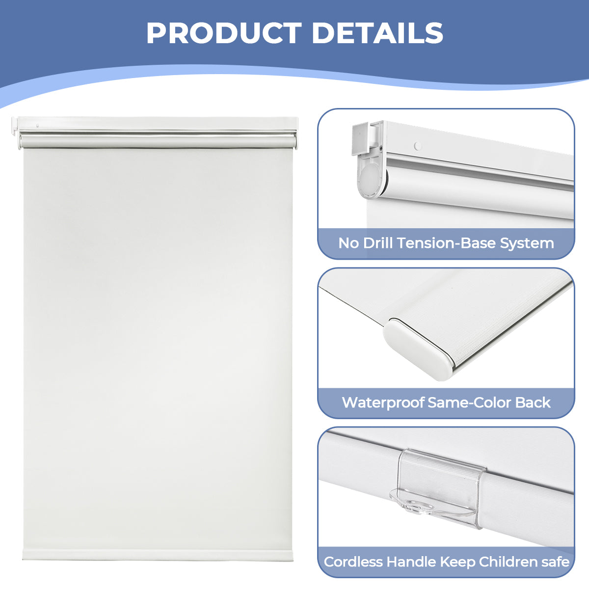 Custom No Drill Cordless Blackout Roller Shades – Waterproof & Thermal Insulated