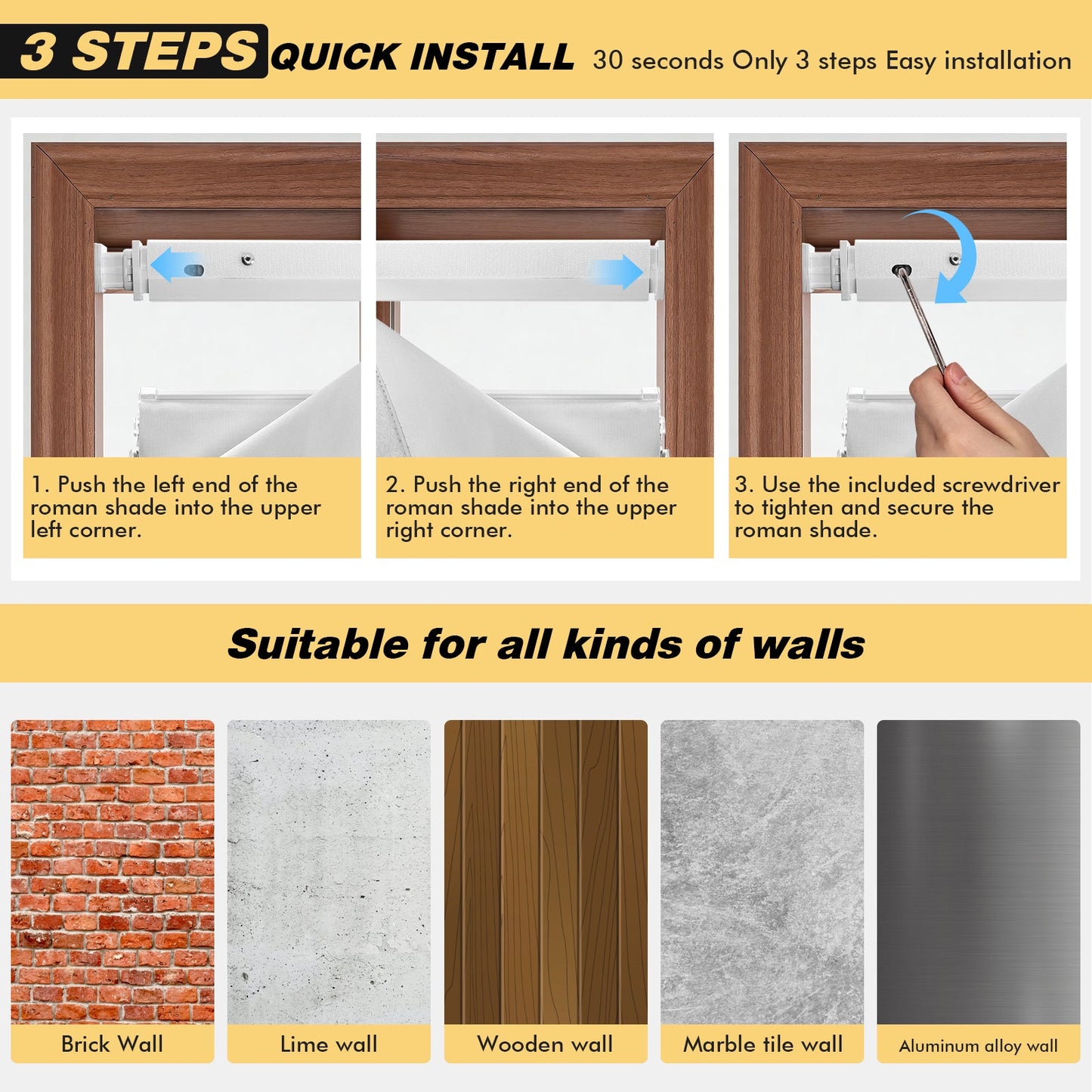 Cordless Blackout Roman Shades for Windows – No Drill Push-Pull Installation, 100% Room Darkening
