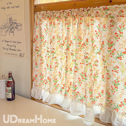 Orange Wild Flowers Green Leaves Short Curtain with Ruffle Edges - UDreamHome