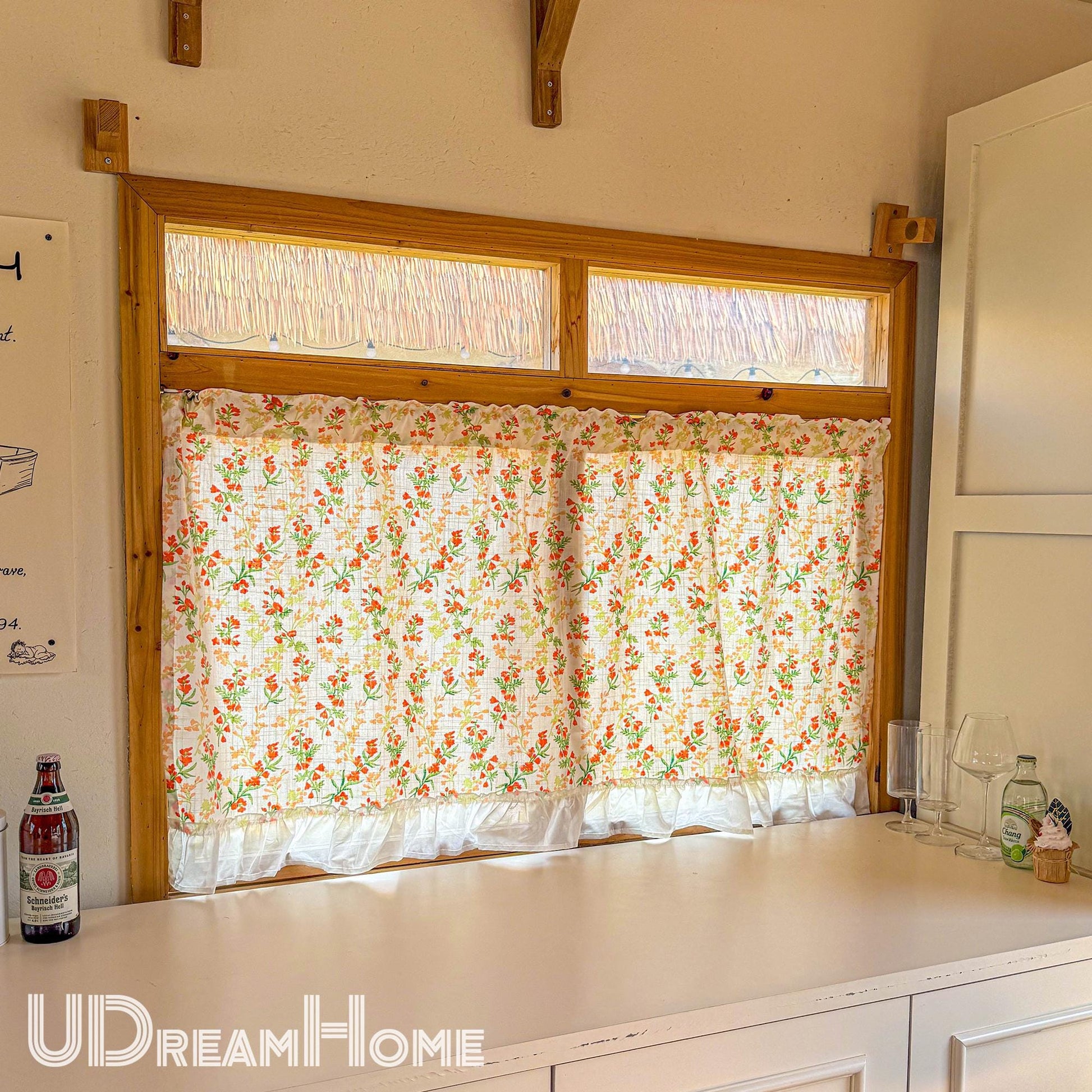 Orange Wild Flowers Green Leaves Short Curtain with Ruffle Edges - UDreamHome
